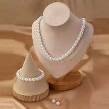 Bộ 4 món trang sức ngọc trai giả thanh lịch gồm dây chuyền + vòng tay + bông tai, phù hợp cho váy dạ hội, hẹn hò, tiệc tùng và tụ họp - Dây chuyền + Vòng tay + Bông tai - Xem 4