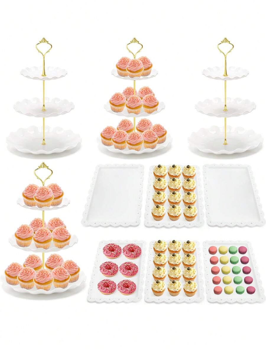 10-Piece Dessert Table Display Set - 4 X 3-Tier Cake Stands And 6 X Trays, Suitable For Cakes, Cupcakes, Pastries And Snacks, Party - White - View 1