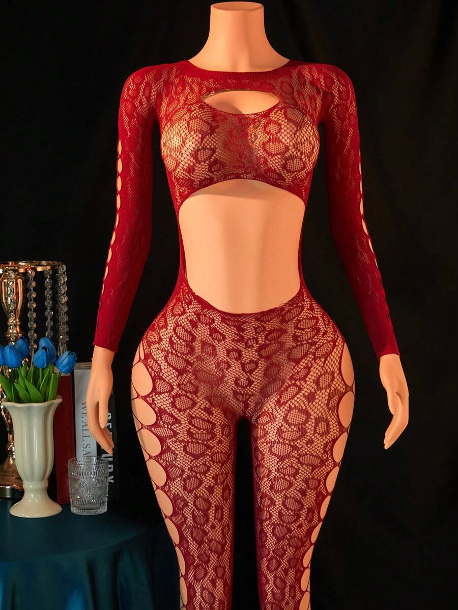 Women Sexy Lingerie Fishnet Bodysuit, Lace Leopard Body Stockings Full Body Stockings Mesh , One Piece Party Festival Rave Outfits,Exotic Wear Dancer Outfits - Burgundy - View 1