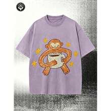 Vintage Washed BlackT-Shirt, Cute Cartoon Monkey With Coffee Cup & Yellow Stars Print Tee,Retro Distressed Oversized Short Sleeve Casual StreetwearTop - 紫色 - 查看 7