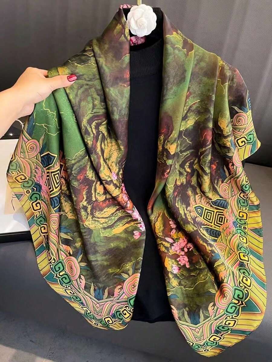 1pc Bandana Style Floral Print Faux Silk Scarf, Neck Wrap, Professional Neckerchief, Headscarf - Multicolor - View 1