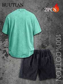 Men's 2PCS BUUTIAN Vintage Wash Solid Color T-Shirt & Denim Shorts Set, Multiple Color Combinations Available, Oversized Streetwear Casual Summer Joggermate Outfit, 90s Retro Casual Loungewear - Xanh lam + Đen - Xem 3