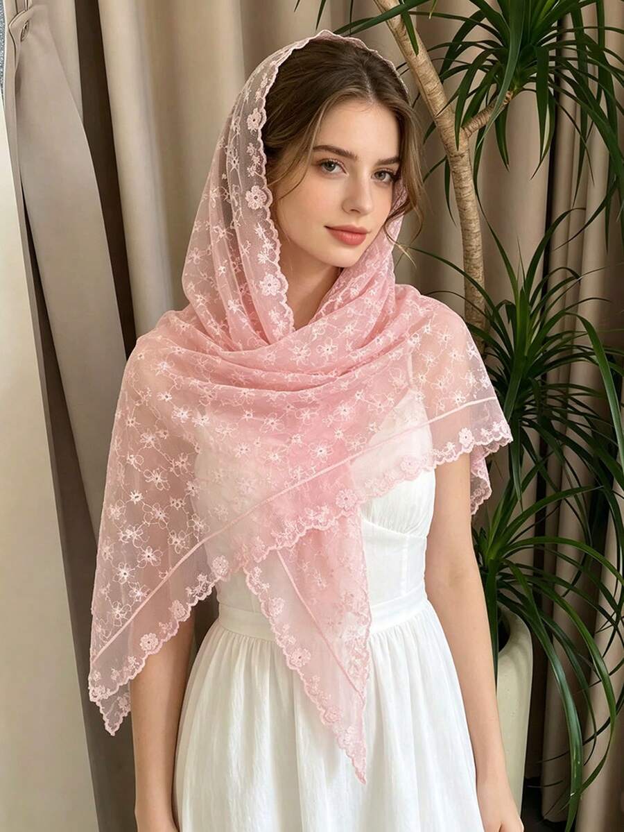 1 pieza Chal/Bufanda de encaje de malla bordada con flores de unicolor - S55885 - Rosa - Ver 1
