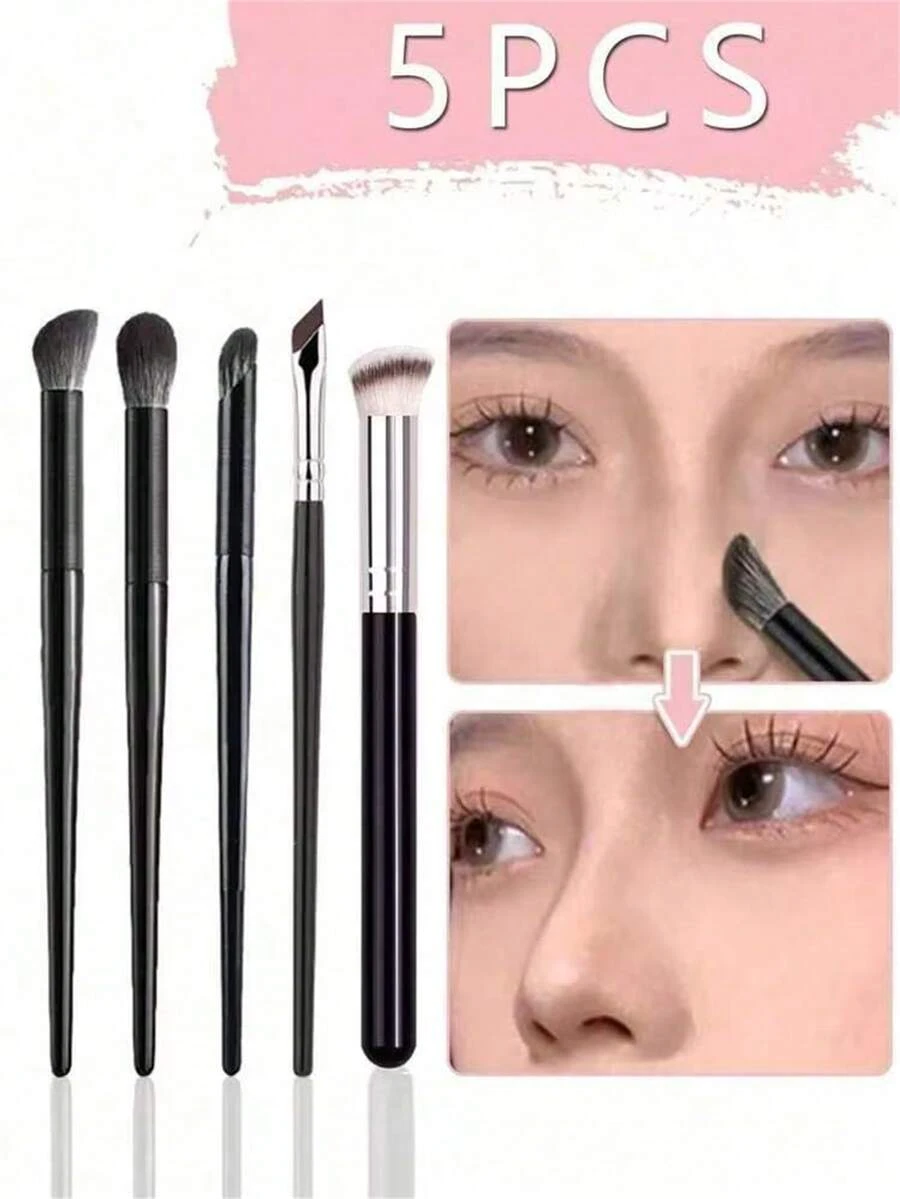 5pcs/3pcs Nose Contour Makeup Brushes Set, Angled Eyeshadow Blending Concealer Cosmetic Tools - Black - View 1