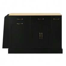 Modern Sideboard With Several Drawers, Display Cabinet With Waste Bin Compartment And Exterior Spice Rack For Dining Room, Living Room And Kitchen (Black). - 黑色 - 查看 1