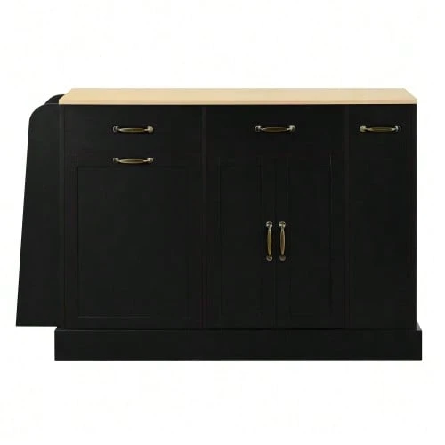 Modern Sideboard With Several Drawers, Display Cabinet With Waste Bin Compartment And Exterior Spice Rack For Dining Room, Living Room And Kitchen (Black). - 黑色 - 查看 1