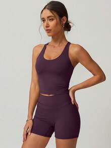 NcmRyu Women's One Set Solid Color U-Neck Padded Criss-Cross Back Tight Shorts Sports Suit - Purple - View 2