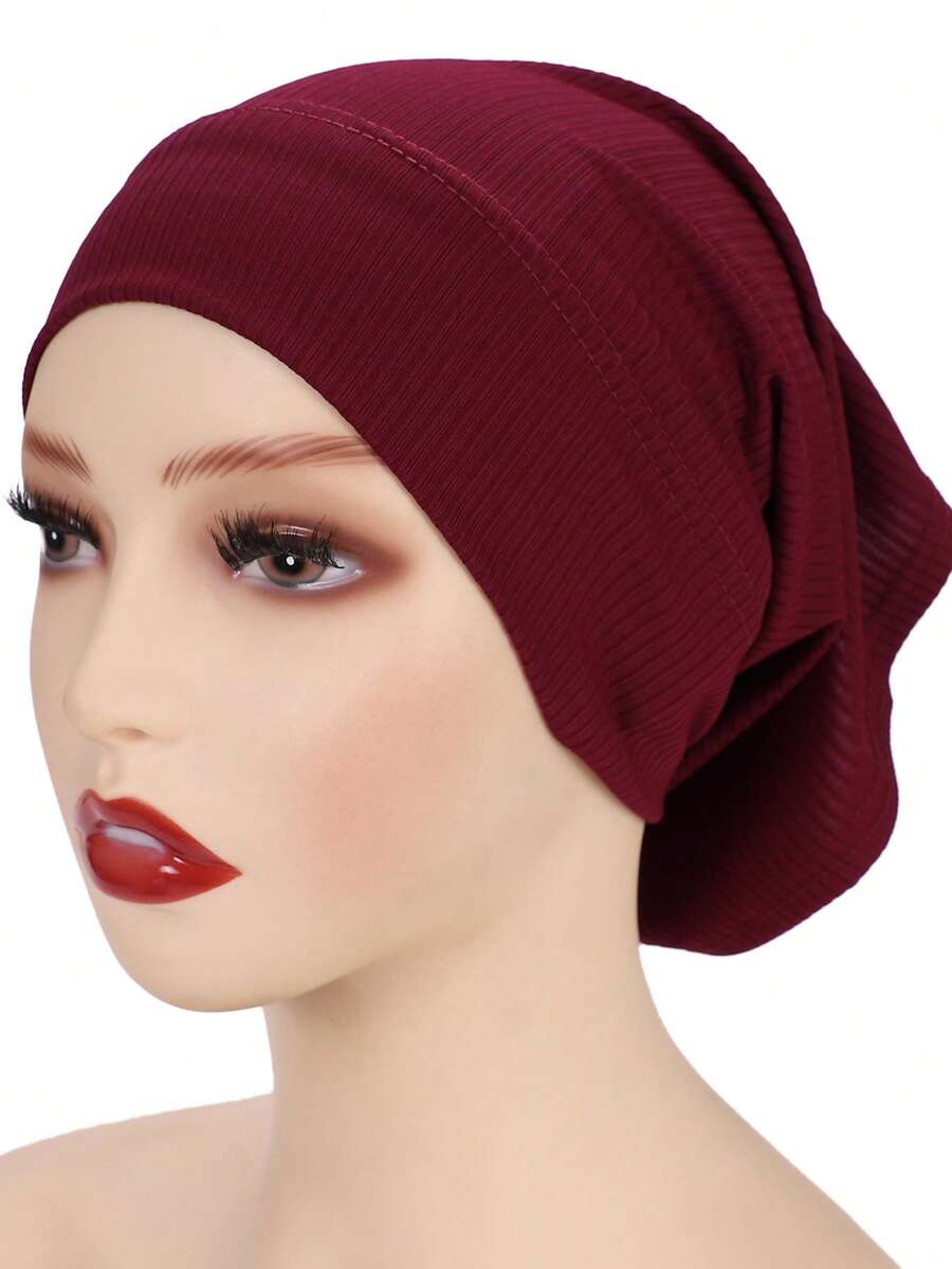1pc Women's Solid Color Tube Hijab Cap, Basic Underscarf - Threaded Cap Wine Red - View 1