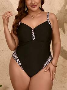 Deep V Neck Ruched Bust Solid Black One Piece Swimsuit, Pink Leopard Print Trim Strap & Side Panel Tummy Control Slim Body Shaping Plus Size Modest Beach Monokini - 黑色 - 查看 3