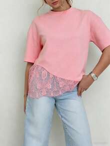 Camiseta de manga corta con parche de encaje de unicolor de punto, informal, deportiva, para oficina para primavera/verano, color negro - Rosa - Ver 8
