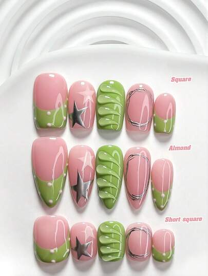 10Pcs Fresh Summer Style Handmade Nail Art Set,Polygel Nail Set,Polka Dots, Stripes, Stars Nail Art Decorations,Green And Pink Nail Polish,Sophisticated Style,Comes With Nail Tools(1 Sheets Jelly Stickers+1PC Nail File)3 Sizes Available,Square Nails, Short Square Nails,Almond Nails,Suitable For Reunion,Daily,Party,Photograph,Play,Spring Summer,Commute Supplies Nails