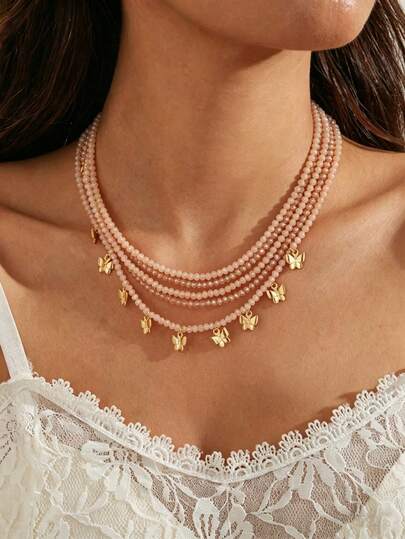 2pcs Fashionable, Elegant, Delicate Bohemian Geometric Glass Butterfly Pendant Multi-Layer Necklace Set, Suitable For Women's Daily Casual, Party, Music Festival, Beach Vacation Wear, Mother's Day Gift