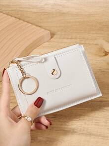 With A Chain Keychain,White Letter Detail Fold Over Small Wallet Pocket Wallet Small Purse Bifold Slim Women Wallet Lightweight Portable Credit Card Key Case Short Wallet Cute Modern Fashion For Birthday Gift Christmas Anniversary Women Girls Lady,Business,For Anniversary,For Christmas,On Valentine Day,For Birthday Gift,For Gift,For Lover For Women,For Girls,For Lady,For Female,Bag School Supplies For School Dorm Room & Back To School - White - View 3