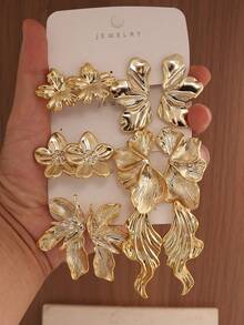 2-12pcs Stylish Asymmetric Floral, Leaf, Striped Earrings, Suitable For Party, Banquet, Travel, Wedding, Holiday, Daily Wear, Jewelry Gift - Gold - View 1
