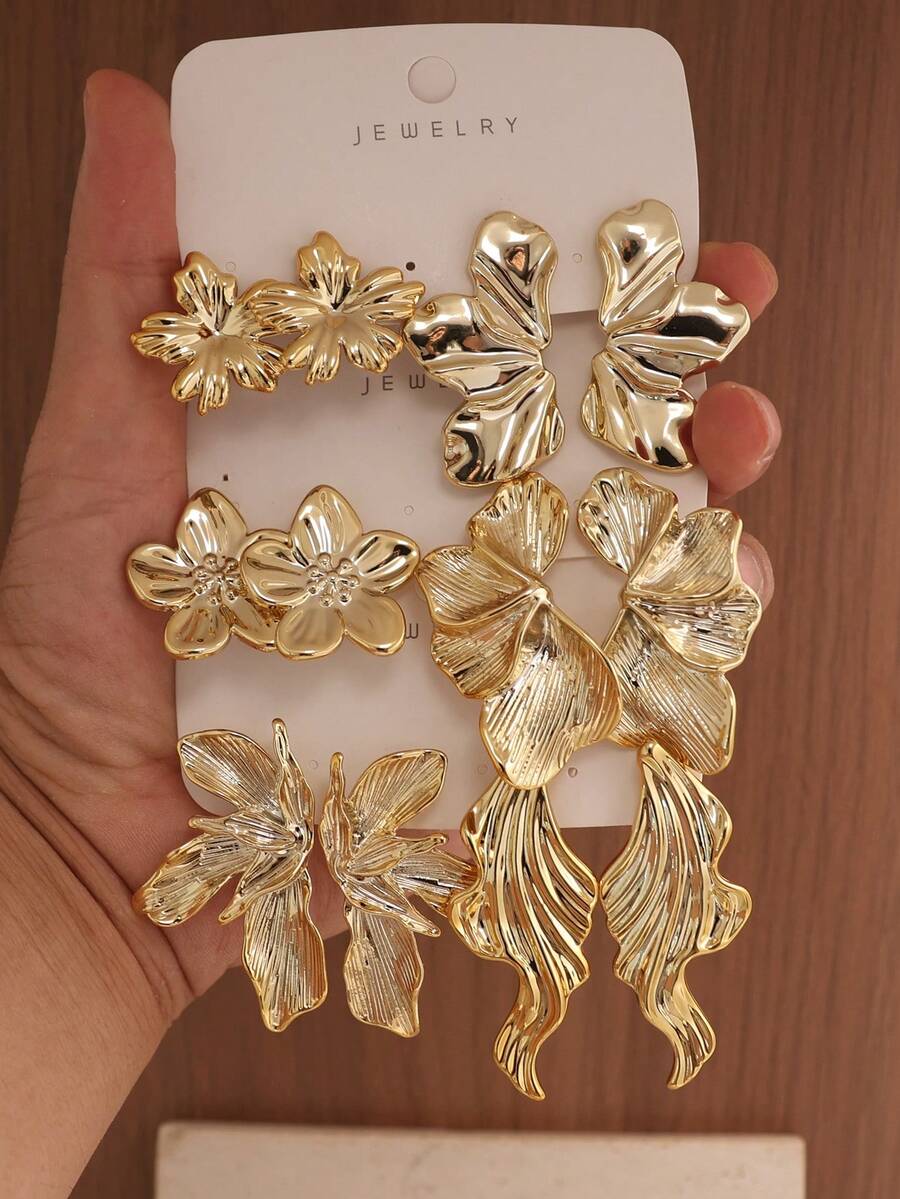 2-12pcs Stylish Asymmetric Floral, Leaf, Striped Earrings, Suitable For Party, Banquet, Travel, Wedding, Holiday, Daily Wear, Jewelry Gift - Gold - View 1