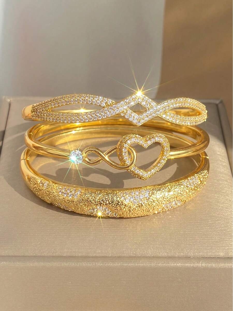18K鍍金防褪色鑲鑽鋯石女士手鐲套組 3件組 磨砂、無限心形與扭轉條紋開口手環 - 彩色 - 查看 1