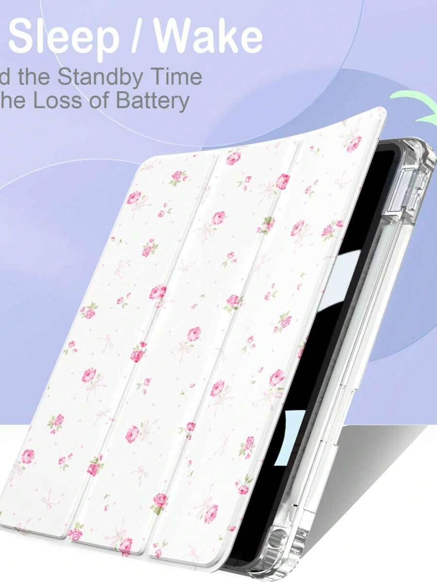 Funda con patrón floral rosa compatible con iPad de 10.ª/11.ª generación A16 (2025) de 10.9 pulgadas, cubierta de tableta de cristal acrílico con soporte plegable de tres pliegues, compatible con la función de suspensión/activación automática (accesorios de tableta no incluidos). - Estampado floral rosa - Ver 1