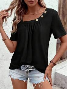 Camiseta de punto para mujer con cuello cuadrado y botones, ajuste holgado, estilo casual, elegante, ligera, para primavera-verano 2026 - Negro - Ver 3