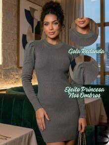 Women's Ribbed Knit Dress, Long Sleeves, Round Neck, Shoulder Detail, Winter Fashion - Redwood - View 2