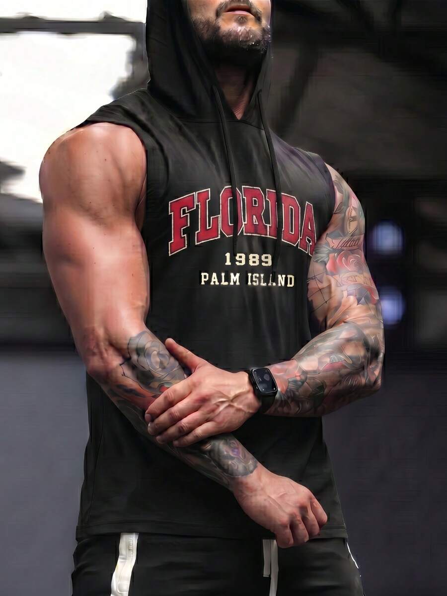 Fractyr 男士“FLORIDA 1989 PALM ISLAND”字母印花无袖连帽背心,柔软触感,运动街头风宽松版型,复古运动休闲夏季背心 - 黑色 - 查看 1