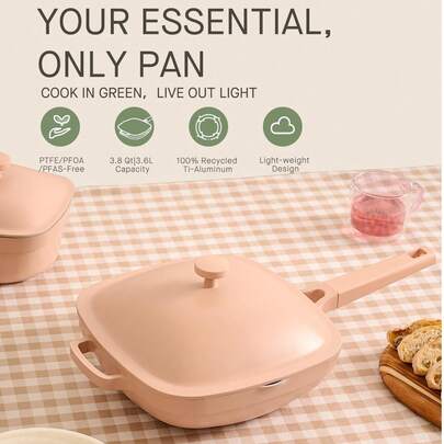 0.5 Inch (3.8 Quart) Ceramic Non-Stick Frying Pan With Lid, Titanium Ceramic Toxin-Free Deep Wok, Includes Wooden Spatula + Cleaning Brush, Desert Clay Edition