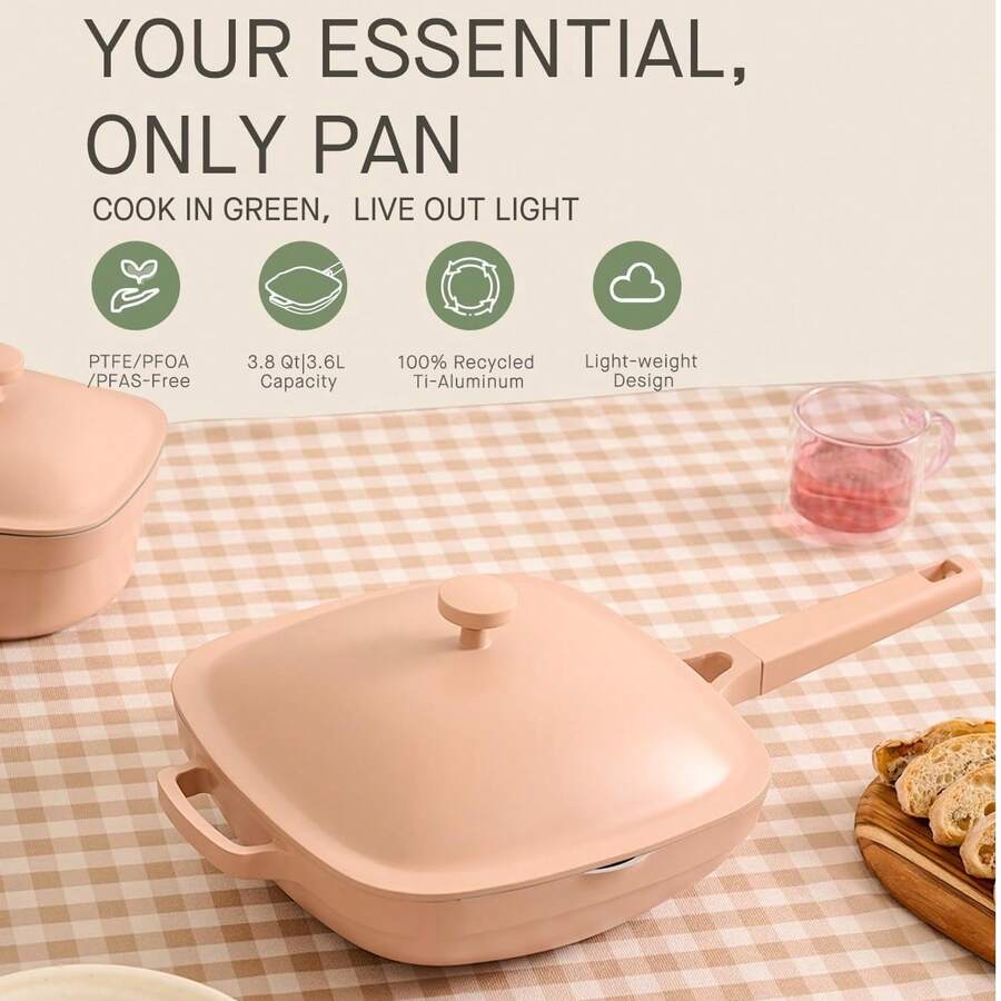 0.5 Inch (3.8 Quart) Ceramic Non-Stick Frying Pan With Lid, Titanium Ceramic Toxin-Free Deep Wok, Includes Wooden Spatula + Cleaning Brush, Desert Clay Edition