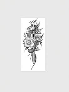 1张蛇剑玫瑰素描风格临时纹身贴纸，防水持久，装饰性手臂/肩部纹身贴纸，ins风，素描风格 - 黑色 - 查看 2