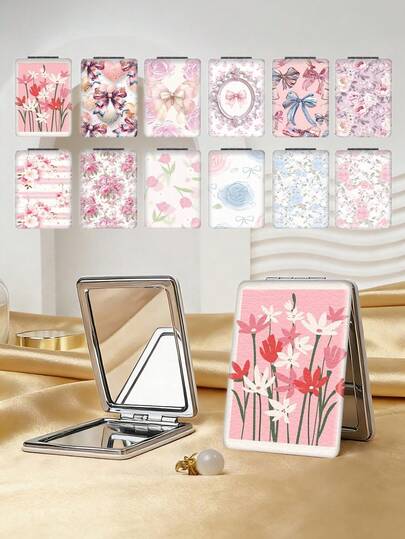 1pc Countryside British Style Floral Vanity Folding Mirror, Lightweight Compact Portable Hand Mirror, Durable PU Leather, Suitable For Multiple Scenarios, Rectangular Pocket Mirror With Delicate Floral & Butterfly Print Design, Foldable Structure, Reliable And Scratch-Resistant, Convenient To Carry