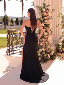 ADYCE PROM Women's Scoop Neck Fishbone Ruffle Pleated Backless Elegant Cocktail Party Evening Maxi Prom Dress With Front Slit - Black - View 2