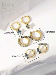 Hihho 6 Pieces Simple & Fashionable Shiny Flower Pendant Earring Set With Full Zirconia Inlay - Luxury Jewelry Ear Accessories Gift Valentines,Mom,Mother,Mother's Day,Gift - 皇家藍 - 查看 8