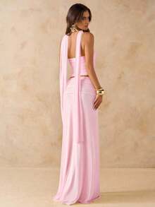 Conjunto de 2 piezas de top bandeau drapeada de color rosa sólido y falda larga drapeada y anudada a la cintura baja, conjunto de ropa de playa y vacaciones, vestido bohemio de espalda descubierta, atuendo para conciertos de mujer, vestimenta de - Rosa coral - Ver 2