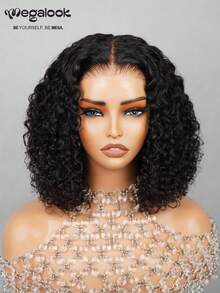 MEGALOOK Jerry Curly 4x4 Lace Closure Wigs Transaprent Lace Human Hair 10-16 Inch Bob Wig Natural Black Color Pre Plucked Natural Hairline For Women Holiday Party Business Meeting Festival Season Costume Party Winter Holiday Graduation Day Wedding Day Halloween Costumes Daily Party - SNatural - View 5