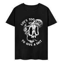 Casual black graphic tee with skull print and Life's Too Short slogan, 100% cotton streetwear. - Negro - Ver 1