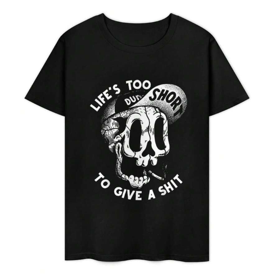 Casual black graphic tee with skull print and Life's Too Short slogan, 100% cotton streetwear. - Negro - Ver 1