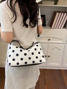 1pc Black PU Smooth Zipper Metal Lock Polka Dot Fashion Versatile Casual Minimalist Spring/Summer New Niche Handbag, Suitable For Women's Daily Use - Black - View 9