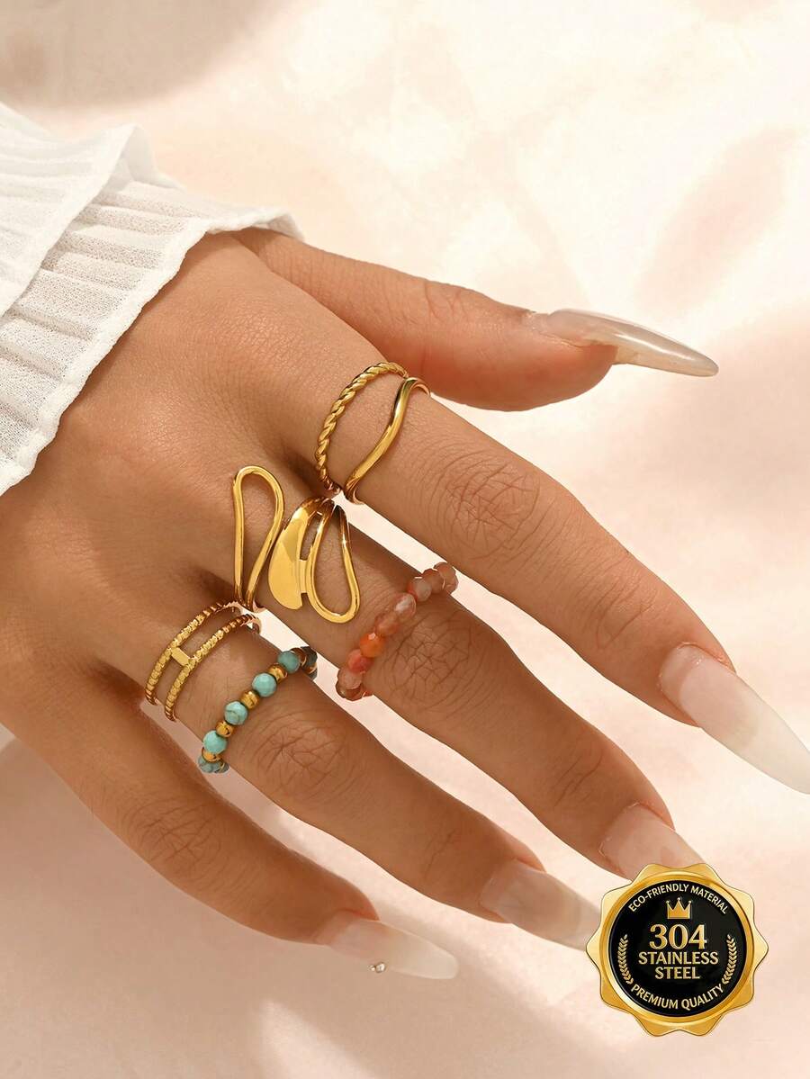Bộ 2/3/5 chiếc nhẫn thép không gỉ thiết kế hai lớp, mạ vàng 18K, đính đá tự nhiên, quà tặng trang sức cho đeo hàng ngày.