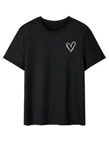Camiseta de manga corta con cuello redondo, cómoda y elástica con estampado de corazón simple para hombres100% Cotton - Negro - Ver 2