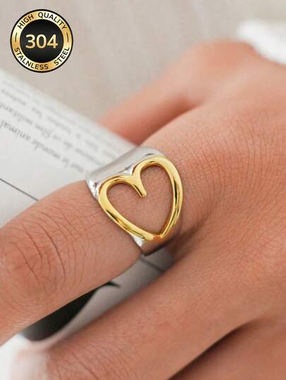 Uself 1pc 18K Gold Plated Dual-Tone Heart-Shaped Ring, 304 Stainless Steel Ring, Hollow Design, Western-Style Jewelry, Mother's Day Gift, Romantic & Unique Accessory, Low Allergy, Suitable For Date Night, Wedding, Daily Wear, Teacher's Day Gift
