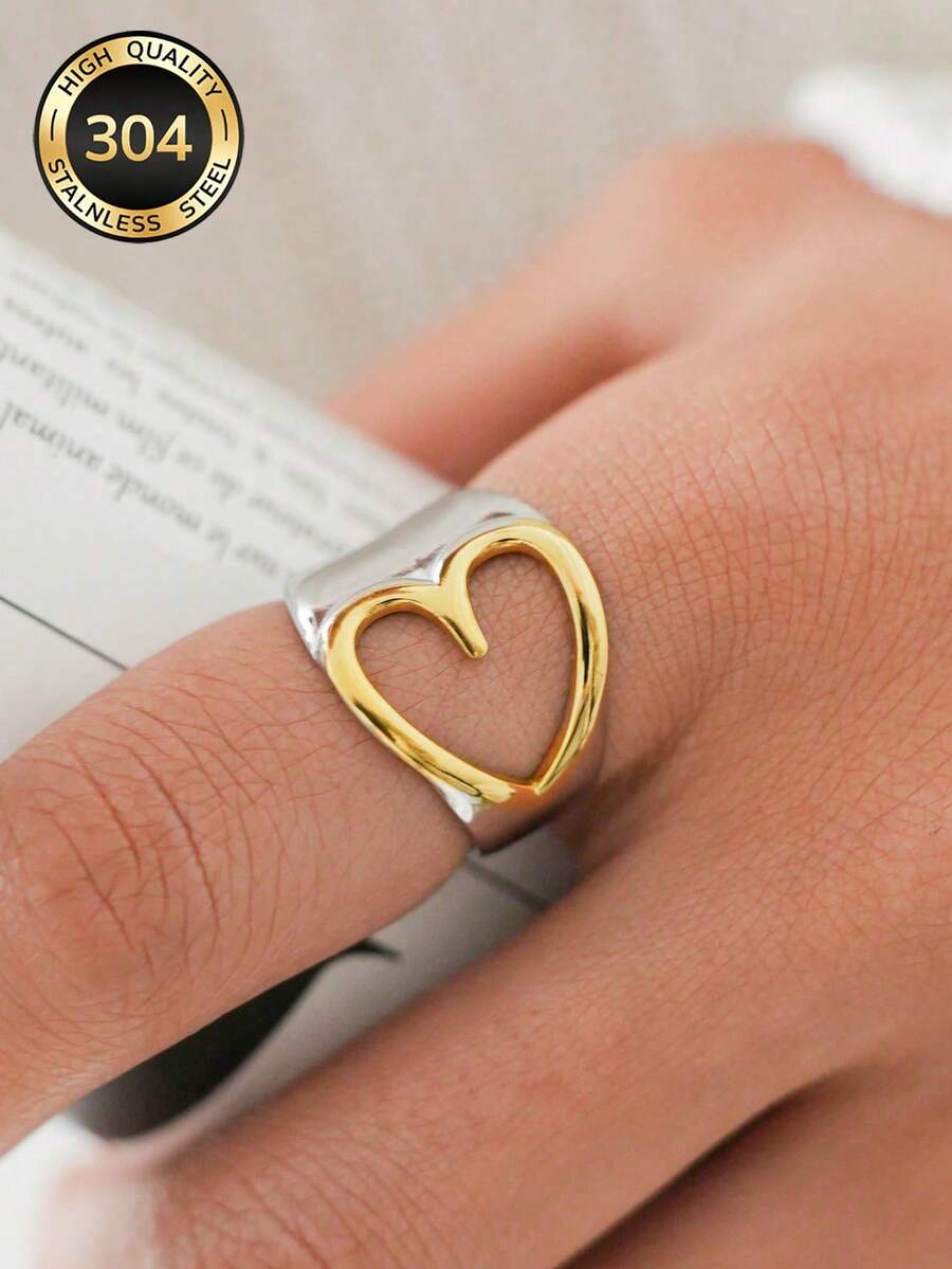 Uself 1 pezzo Anello a forma di cuore placcato in oro 18K, in acciaio inossidabile 304, design cavo, gioielleria in stile occidentale, regalo per la festa della mamma, accessorio romantico e unico, ipoallergenico, adatto per appuntamenti, matrimoni, uso quotidiano, regalo per la festa dell'insegnante