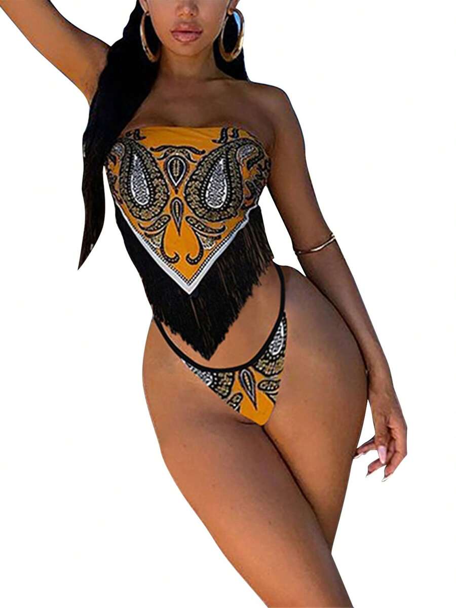 2 Pcs Women Sexy Bathing Suits, Adults Wire-free Padded Printed Boat Neck Fringe Bikini Tops + Thong - Amarillo - Ver 1