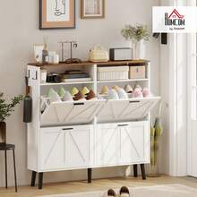 HOMCOM Shoe Storage Cabinet With 4 Flip Drawers, Farmhouse Narrow Shoe Cabinet With Adjustable Shelves, Open Shelves, Hooks For Entryway, Hallway, Holds Up To 24 Pairs, White - White - View 2