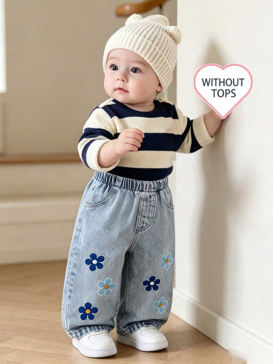 1pc Baby Girls' Loose Straight Leg Casual Floral Print Elastic Waist Fashionable Jeans Pants - Light Wash - View 1