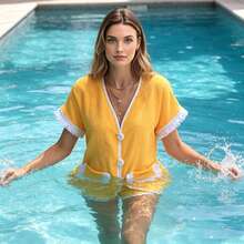 Women's 2 Piece Terry Cloth Loungewear Set, Fringe Trim Button-Down Top  Shorts, Casual Summer Outfit - Màu vàng - Xem 6