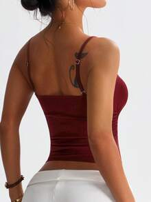 2026 Summer Cami Top, Ribbed Cami Top, Burgundy Ribbed Square Neck Adjustable Spaghetti Strap Slim Fit Cropped Cami Top - Red - View 4