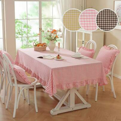 1/24pcs French Retro Plaid Ruffle Tablecloth, Luxury High-End Fabric Rectangular Tablecloth For Holiday Party, Restaurant, Kitchen, Home Dining Table Decor