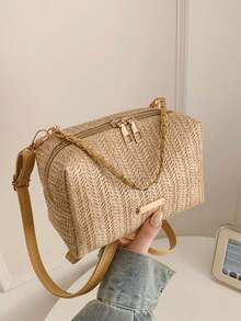 2026春夏新款韩版时尚腋下包、链条枕形包、独特个性斜挎包、草编包 - 卡其色 - 查看 7