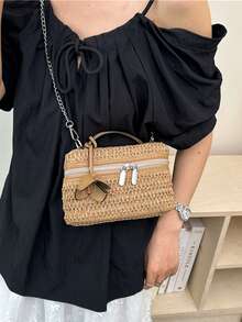 Fashionable Retro Large Capacity Woven Bag, Beach Holiday Straw Shoulder Crossbody Bag - Khaki - View 7