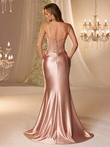 Rolarold 缎面性感吊带蕾丝贴花紧身伴娘礼服、晚礼服、派对礼服、舞会礼服、正式礼服 - 淺粉色 - 查看 4