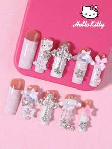 Bộ 24 móng tay giả dán sẵn Sanrio Hello Kitty dáng vuông dài màu hồng kiểu French Tip, trang trí 3D Hello Kitty & Cinnamoroll dễ thương, đính đá, ôm khít ngón, phụ kiện làm móng Hello Kitty cho nữ và bé gái dùng hàng ngày và đi tiệc - Nhiều màu - Xem 2