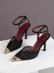 Giày sandal cao gót mũi nhọn phối lưới kim loại, kiểu dáng mới mùa hè, dành cho nữ, gót mỏng, quai ngang. - màu đen - Xem 7